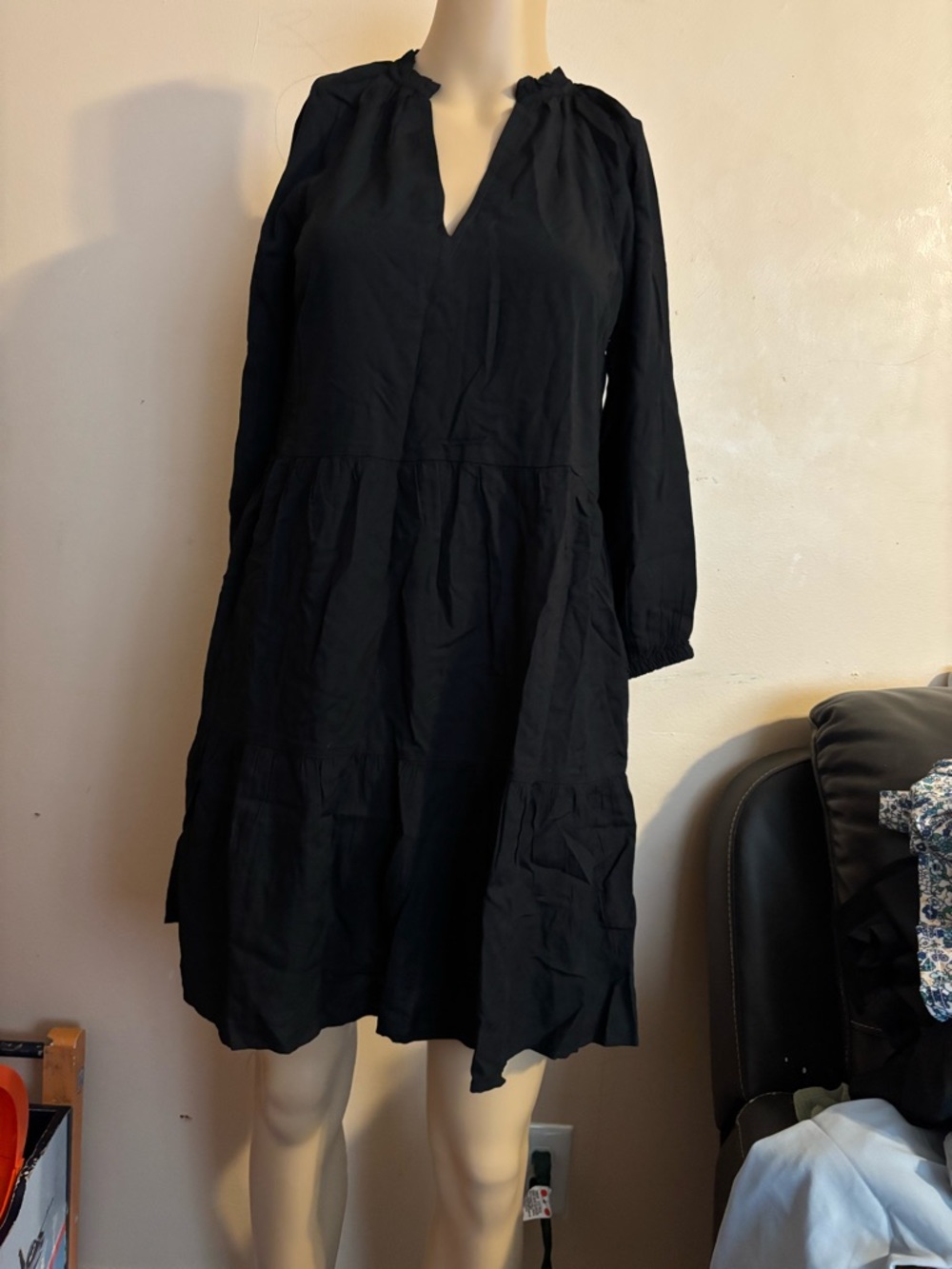 Black Long-Sleeve V-Neck Tiered Dress